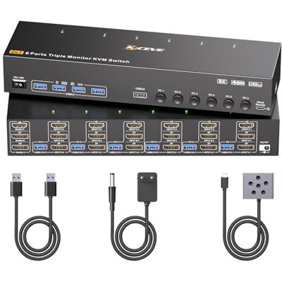 KCEVE Commutateur KVM 3 moniteurs 6 ordinateurs HDMI + DisplayPort, 8K @ 30Hz / 4K @ 144Hz Triple moniteur KVM Commutateur KVM pour 6 PC, partage 4 écrans et appareils USB 3.0 - Publicité KCEVE Commutateur KVM 3 moniteurs 6 ordinateurs HDMI + DisplayPort, 8K @ 30Hz / 4K @ 144Hz Triple moniteur KVM Commutateur KVM pour 6 PC, partage 4 écrans et appareils USB 3.0 - Publicité