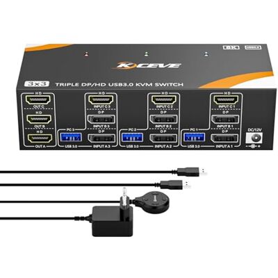 YOUTINGHDAV KVM Switch 3 PC 3 Moniteurs 8K@60Hz / 4K@144Hz, DisplayPort 1.4 HDMI 2.1 USB 3.0 KVM Switch Triple Monitor pour 3 PC Partage Souris, Clavier, Wired Remote(8K HD DP 3 in 3 out KVM) - Publicité YOUTINGHDAV KVM Switch 3 PC 3 Moniteurs 8K@60Hz / 4K@144Hz, DisplayPort 1.4 HDMI 2.1 USB 3.0 KVM Switch Triple Monitor pour 3 PC Partage Souris, Clavier, Wired Remote(8K HD DP 3 in 3 out KVM) - Publicité