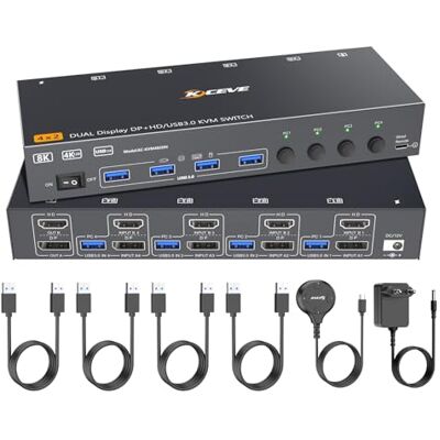 ESKEVE Commutateur KVM double écran 8K @ 60 Hz, 4K @ 144 Hz HDMI Displayport 4 PC, 2 moniteurs, partage de 2 moniteurs et 4 périphériques USB, bloc d'alimentation contrôlé par câble et 4 câbles USB - Publicité ESKEVE Commutateur KVM double écran 8K @ 60 Hz, 4K @ 144 Hz HDMI Displayport 4 PC, 2 moniteurs, partage de 2 moniteurs et 4 périphériques USB, bloc d'alimentation contrôlé par câble et 4 câbles USB - Publicité