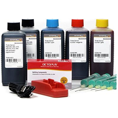 Octopus Chipresetter compatible pour les cartouches Canon PGI 550, CLI 551 avec 5 x 100 ml d'encre pour imprimante pour Pixma IP 7200, IP 7250, IP 8700, IP 8750, IX 6800, réinitialisations illimitées - Publicité Octopus Chipresetter compatible pour les cartouches Canon PGI 550, CLI 551 avec 5 x 100 ml d'encre pour imprimante pour Pixma IP 7200, IP 7250, IP 8700, IP 8750, IX 6800, réinitialisations illimitées - Publicité