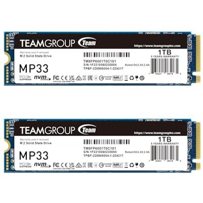 TEAMGROUP Lot de 2 disques SSD internes MP33 1 to SLC NAND TLC NVMe 1.3 PCIe Gen3x4 M.2 2280 (Lecture/écriture 1 800/1 500 Mo/s) Compatible avec Ordinateur Portable et PC de Bureau TM8FP6001T0C1P1 - Publicité TEAMGROUP Lot de 2 disques SSD internes MP33 1 to SLC NAND TLC NVMe 1.3 PCIe Gen3x4 M.2 2280 (Lecture/écriture 1 800/1 500 Mo/s) Compatible avec Ordinateur Portable et PC de Bureau TM8FP6001T0C1P1 - Publicité