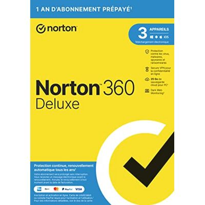 Symantec Norton™ 360 Deluxe 2026 3 Appareils 1 An d'Abonnement en renouvellement automatique Envoi par la poste - Publicité Symantec Norton™ 360 Deluxe 2026 3 Appareils 1 An d'Abonnement en renouvellement automatique Envoi par la poste - Publicité