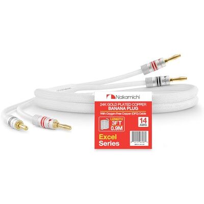 Nakamichi Excel Series Fiche banane plaquée or 24 carats avec câble de haut-parleur 99.9% en cuivre sans oxygène (OFC) tressé robuste pour amplificateur Hi-Fi – Blanc (14 AWG / 3 pieds / 0.9 m) - Publicité Nakamichi Excel Series Fiche banane plaquée or 24 carats avec câble de haut-parleur 99.9% en cuivre sans oxygène (OFC) tressé robuste pour amplificateur Hi-Fi – Blanc (14 AWG / 3 pieds / 0.9 m) - Publicité