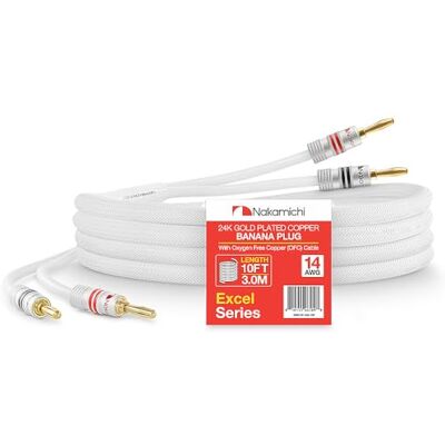 Nakamichi Excel Series Fiche banane plaquée or 24 carats avec câble de haut-parleur 99.9% en cuivre sans oxygène (OFC) tressé robuste pour amplificateur Hi-Fi – Blanc (14 AWG / 10 pieds / 3.0 m) - Publicité Nakamichi Excel Series Fiche banane plaquée or 24 carats avec câble de haut-parleur 99.9% en cuivre sans oxygène (OFC) tressé robuste pour amplificateur Hi-Fi – Blanc (14 AWG / 10 pieds / 3.0 m) - Publicité
