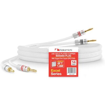 Nakamichi Excel Series Fiche banane plaquée or 24 carats avec câble de haut-parleur 99.9% en cuivre sans oxygène (OFC) tressé robuste pour amplificateur Hi-Fi – Blanc (14 AWG / 6 pieds / 1.8 m) - Publicité Nakamichi Excel Series Fiche banane plaquée or 24 carats avec câble de haut-parleur 99.9% en cuivre sans oxygène (OFC) tressé robuste pour amplificateur Hi-Fi – Blanc (14 AWG / 6 pieds / 1.8 m) - Publicité