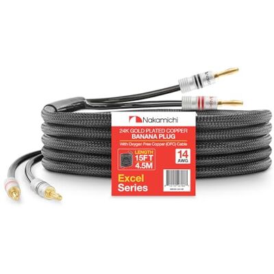Nakamichi Excel Series Fiche banane plaquée or 24 carats avec câble de haut-parleur 99.9% en cuivre sans oxygène (OFC) tressé robuste pour amplificateur Hi-Fi – Noir (14 AWG / 15 pieds / 4.5 m) - Publicité Nakamichi Excel Series Fiche banane plaquée or 24 carats avec câble de haut-parleur 99.9% en cuivre sans oxygène (OFC) tressé robuste pour amplificateur Hi-Fi – Noir (14 AWG / 15 pieds / 4.5 m) - Publicité