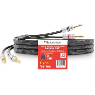 Nakamichi Excel Series Fiche banane plaquée or 24 carats avec câble de haut-parleur 99.9% en cuivre sans oxygène (OFC) tressé robuste pour amplificateur Hi-Fi – Noir (14 AWG / 6 pieds / 1.8 m) - Publicité Nakamichi Excel Series Fiche banane plaquée or 24 carats avec câble de haut-parleur 99.9% en cuivre sans oxygène (OFC) tressé robuste pour amplificateur Hi-Fi – Noir (14 AWG / 6 pieds / 1.8 m) - Publicité
