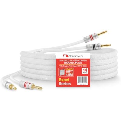 Nakamichi Excel Series Fiche banane plaquée or 24 carats avec câble de haut-parleur 99.9% en cuivre sans oxygène (OFC) tressé robuste pour amplificateur Hi-Fi – Blanc (14 AWG / 15 pieds / 4.5 m) - Publicité Nakamichi Excel Series Fiche banane plaquée or 24 carats avec câble de haut-parleur 99.9% en cuivre sans oxygène (OFC) tressé robuste pour amplificateur Hi-Fi – Blanc (14 AWG / 15 pieds / 4.5 m) - Publicité