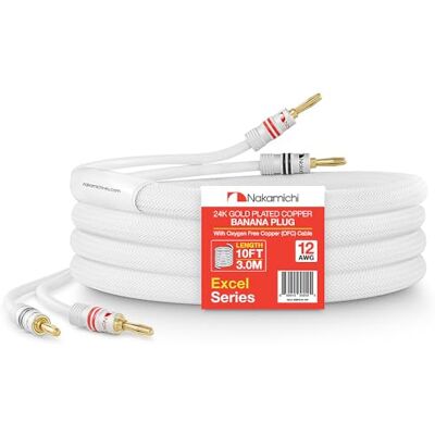 Nakamichi Excel Series Fiche banane plaquée or 24 carats avec câble de haut-parleur 99.9% en cuivre sans oxygène (OFC) tressé robuste pour amplificateur Hi-Fi – Blanc (12 AWG / 10 pieds / 3.0 m) - Publicité Nakamichi Excel Series Fiche banane plaquée or 24 carats avec câble de haut-parleur 99.9% en cuivre sans oxygène (OFC) tressé robuste pour amplificateur Hi-Fi – Blanc (12 AWG / 10 pieds / 3.0 m) - Publicité