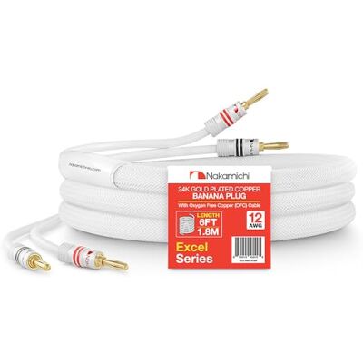 Nakamichi Excel Series Fiche banane plaquée or 24 carats avec câble de haut-parleur 99.9% en cuivre sans oxygène (OFC) tressé robuste pour amplificateur Hi-Fi – Blanc (12 AWG / 6 pieds / 1.8 m) - Publicité Nakamichi Excel Series Fiche banane plaquée or 24 carats avec câble de haut-parleur 99.9% en cuivre sans oxygène (OFC) tressé robuste pour amplificateur Hi-Fi – Blanc (12 AWG / 6 pieds / 1.8 m) - Publicité