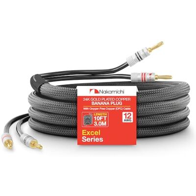 Nakamichi Excel Series Fiche banane plaquée or 24 carats avec câble de haut-parleur 99.9% en cuivre sans oxygène (OFC) tressé robuste pour amplificateur Hi-Fi – Noir (12 AWG / 10 pieds / 3.0 m) - Publicité Nakamichi Excel Series Fiche banane plaquée or 24 carats avec câble de haut-parleur 99.9% en cuivre sans oxygène (OFC) tressé robuste pour amplificateur Hi-Fi – Noir (12 AWG / 10 pieds / 3.0 m) - Publicité