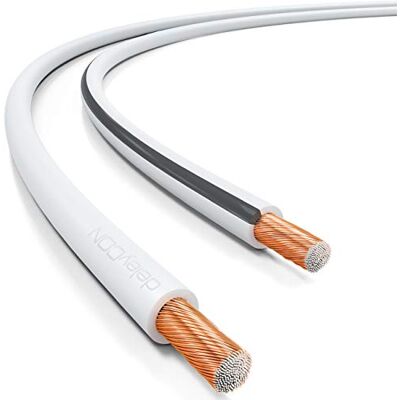 deleyCON 10m Cable pour Haut-Parleur 2x 0,75mm² Aluminium Revêtu de Cuivre CCA Marque de Polarité 2x24x0,20mm Brins BauPVO/CPR Blanc - Publicité deleyCON 10m Cable pour Haut-Parleur 2x 0,75mm² Aluminium Revêtu de Cuivre CCA Marque de Polarité 2x24x0,20mm Brins BauPVO/CPR Blanc - Publicité