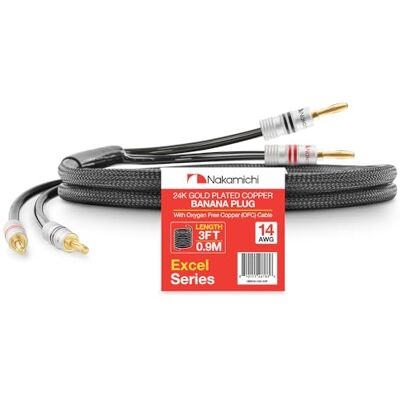 Nakamichi Excel Series Fiche banane plaquée or 24 carats avec câble de haut-parleur 99.9% en cuivre sans oxygène (OFC) tressé robuste pour amplificateur Hi-Fi – Noir (14 AWG / 3 pieds / 0.9 m) - Publicité Nakamichi Excel Series Fiche banane plaquée or 24 carats avec câble de haut-parleur 99.9% en cuivre sans oxygène (OFC) tressé robuste pour amplificateur Hi-Fi – Noir (14 AWG / 3 pieds / 0.9 m) - Publicité