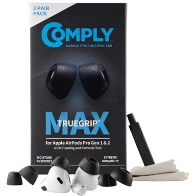 Comply TrueGrip Max Premium Memory Foam Replacement Earbud Tips for Apple AirPods Pro 1 & 2 Long Lasting Comfort, Extreme Durability, Secure Fit, Superior Noise Isolation Black (S/M/L) (3 Pairs) - Publicité Comply TrueGrip Max Premium Memory Foam Replacement Earbud Tips for Apple AirPods Pro 1 & 2 Long Lasting Comfort, Extreme Durability, Secure Fit, Superior Noise Isolation Black (S/M/L) (3 Pairs) - Publicité