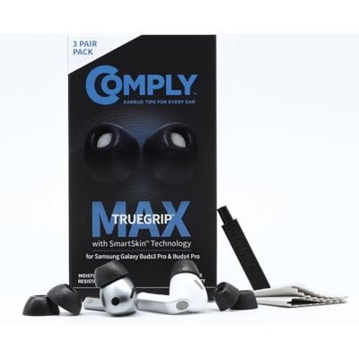 Comply TrueGrip Max Lot de 3 Paires d'embouts de Rechange en Mousse à mémoire de Forme pour Samsung Galaxy Buds3 Pro Confort Durable, durabilité maximale, Ajustement sûr, Isolation Acoustique - Publicité Comply TrueGrip Max Lot de 3 Paires d'embouts de Rechange en Mousse à mémoire de Forme pour Samsung Galaxy Buds3 Pro Confort Durable, durabilité maximale, Ajustement sûr, Isolation Acoustique - Publicité