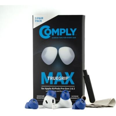 Comply TrueGrip MAX Embouts de rechange en mousse à mémoire de forme pour Apple AirPods Pro 1 et 2 Confort durable, durabilité maximale, ajustement sûr, isolation sonore supérieure Bleu (S/M/L) (3 - Publicité Comply TrueGrip MAX Embouts de rechange en mousse à mémoire de forme pour Apple AirPods Pro 1 et 2 Confort durable, durabilité maximale, ajustement sûr, isolation sonore supérieure Bleu (S/M/L) (3 - Publicité