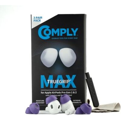 Comply TrueGrip MAX Embouts de rechange en mousse à mémoire de forme pour Apple AirPods Pro 1 et 2 Confort durable, durabilité maximale, ajustement sûr, isolation acoustique supérieure Violet (S/M - Publicité Comply TrueGrip MAX Embouts de rechange en mousse à mémoire de forme pour Apple AirPods Pro 1 et 2 Confort durable, durabilité maximale, ajustement sûr, isolation acoustique supérieure Violet (S/M - Publicité