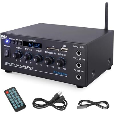 Pyle – Amplificateur Audio Compact 40 W Bluetooth pour Maison et PA, Entrée AUX, 2 Entrées Micro avec Talkover, Sorties Haut-Parleurs 8 Ohms / 25 V / 70 V, Réglages Graves/Aigus - Publicité Pyle – Amplificateur Audio Compact 40 W Bluetooth pour Maison et PA, Entrée AUX, 2 Entrées Micro avec Talkover, Sorties Haut-Parleurs 8 Ohms / 25 V / 70 V, Réglages Graves/Aigus - Publicité