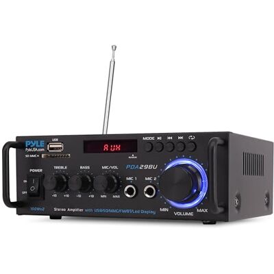 Pyle Amplificateur Audio Stéréo sans Fil Bluetooth Système Récepteur Stéréo Audio à Deux Canaux de 200W avec RCA, USB, SD, Entrée Micro, Radio FM, pour Home Cinema Via RCA, Utilisation en Studio - Publicité Pyle Amplificateur Audio Stéréo sans Fil Bluetooth Système Récepteur Stéréo Audio à Deux Canaux de 200W avec RCA, USB, SD, Entrée Micro, Radio FM, pour Home Cinema Via RCA, Utilisation en Studio - Publicité