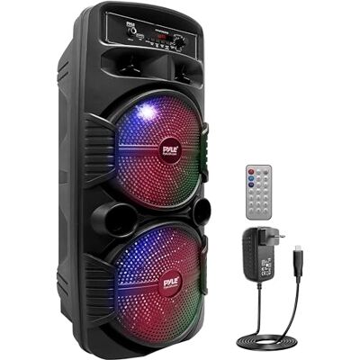 Pyle Enceinte Bluetooth, Enceinte Portable Extérieure Rechargeable de 600 W, Haut Parleur Sono avec Double Caisson de Basses, Tweeter, Entrée Microphone, Lumières de Fête, USB, Radio, Télécommande - Publicité Pyle Enceinte Bluetooth, Enceinte Portable Extérieure Rechargeable de 600 W, Haut Parleur Sono avec Double Caisson de Basses, Tweeter, Entrée Microphone, Lumières de Fête, USB, Radio, Télécommande - Publicité