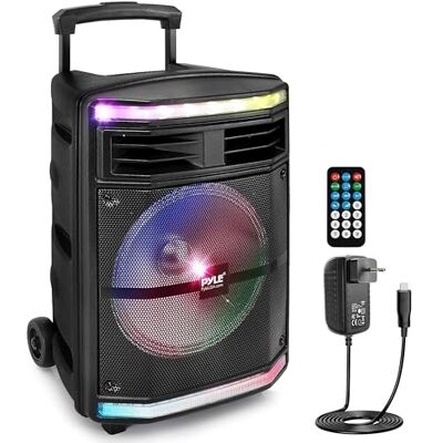 Pyle Enceinte Bluetooth Puissante-600 W, Enceinte Sono Portable, sans Fil, Eclairage LED et avec Roues, SD/USB/AUX, Karaoke Adulte, Noir - Publicité Pyle Enceinte Bluetooth Puissante-600 W, Enceinte Sono Portable, sans Fil, Eclairage LED et avec Roues, SD/USB/AUX, Karaoke Adulte, Noir - Publicité