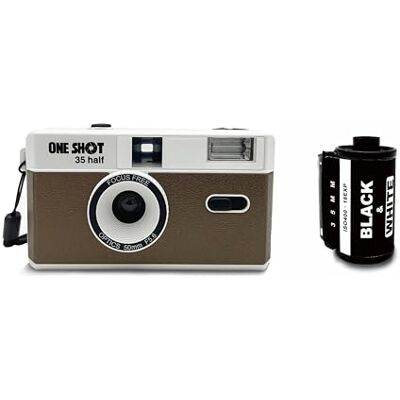 1 Shot Point and Shoot Appareil photo réutilisable demi-cadre 35 mm, flash intégré, livré avec un rouleau de film noir et blanc ASA/ISO 400 18 exp, batterie non incluse (couleur marron) - Publicité 1 Shot Point and Shoot Appareil photo réutilisable demi-cadre 35 mm, flash intégré, livré avec un rouleau de film noir et blanc ASA/ISO 400 18 exp, batterie non incluse (couleur marron) - Publicité
