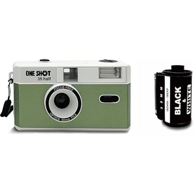 1 Shot Point and Shoot Appareil photo à film réutilisable 35 mm Demi cadre, flash intégré, livré avec un rouleau ASA/ISO 400 film noir et blanc 18 exp, batterie non incluse (couleur verte) - Publicité 1 Shot Point and Shoot Appareil photo à film réutilisable 35 mm Demi cadre, flash intégré, livré avec un rouleau ASA/ISO 400 film noir et blanc 18 exp, batterie non incluse (couleur verte) - Publicité