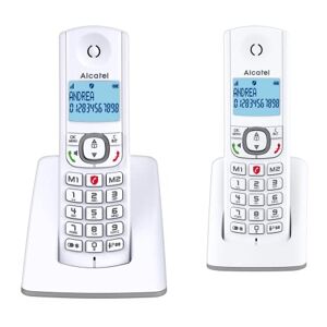Alcatel F530 Duo Téléphone sans fil DECT design , Mains libres, Grand écran rétroéclairé, Touche directe pour le blocage des appels intempestifs, Sonneries VIP, 10 mélodies d'appel Blanc/Gris - Publicité