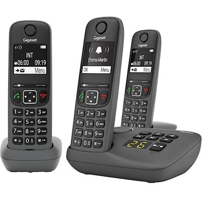 Siemens A695A Trio 3 téléphones DECT sans fil avec répondeur écran à haut contraste excellente qualité audio profils sonores réglables fonction mains libres protection d'appels, gris - Publicité Siemens A695A Trio 3 téléphones DECT sans fil avec répondeur écran à haut contraste excellente qualité audio profils sonores réglables fonction mains libres protection d'appels, gris - Publicité