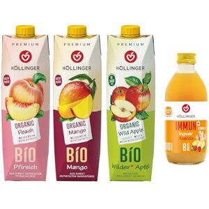 Höllinger Hollinger Bio Premium Pack Mixte, Jus de Fruits Biologiques, Pêche, Mangue, Pomme Sauvage, 3x1L, Plus Boisson Immun+ Gingembre 330ml - Publicité Höllinger Hollinger Bio Premium Pack Mixte, Jus de Fruits Biologiques, Pêche, Mangue, Pomme Sauvage, 3x1L, Plus Boisson Immun+ Gingembre 330ml - Publicité