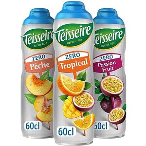 Teisseire Lot de 3 sirops Zéro Sucres (Tropical, Pêche, Fruit de la Passion) pour Boisson Rafraîchissante, Cocktails, Bidon Recyclable 3x60cl - Publicité Teisseire Lot de 3 sirops Zéro Sucres (Tropical, Pêche, Fruit de la Passion) pour Boisson Rafraîchissante, Cocktails, Bidon Recyclable 3x60cl - Publicité