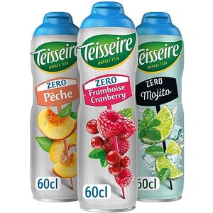 Teisseire Lot de 3 sirops Zéro Sucres (Framboise-Cranberry, Mojito, Pêche) pour Boisson Rafraîchissante, Cocktails, Bidon Recyclable 3x60cl - Publicité Teisseire Lot de 3 sirops Zéro Sucres (Framboise-Cranberry, Mojito, Pêche) pour Boisson Rafraîchissante, Cocktails, Bidon Recyclable 3x60cl - Publicité