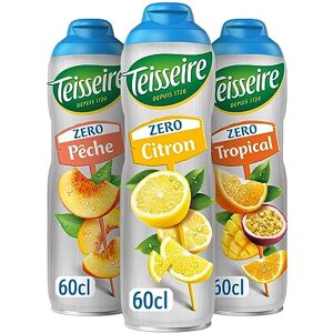 Teisseire Lot de 3 sirops Zéro Sucres (Citron, Pêche, Tropical) pour Boisson Rafraîchissante, Cocktails, Bidon Recyclable 3x60cl - Publicité Teisseire Lot de 3 sirops Zéro Sucres (Citron, Pêche, Tropical) pour Boisson Rafraîchissante, Cocktails, Bidon Recyclable 3x60cl - Publicité