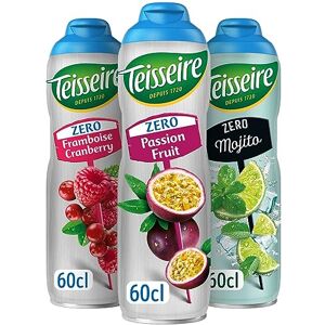 Teisseire Lot de 3 sirops Zéro Sucres (Fruit de la Passion, Framboise-Cranberry, Mojito) pour Boisson Rafraîchissante, Cocktails, Bidon Recyclable 3x60cl - Publicité Teisseire Lot de 3 sirops Zéro Sucres (Fruit de la Passion, Framboise-Cranberry, Mojito) pour Boisson Rafraîchissante, Cocktails, Bidon Recyclable 3x60cl - Publicité