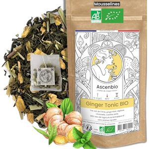 Ascenbio ✿ Thé Vert Ginger Tonic BIO ✿ Gingembre citron ✿ 30 sachets mousselines ✿ Préparé et conditionné en France ✿ Emballage biodégradable - Publicité Ascenbio ✿ Thé Vert Ginger Tonic BIO ✿ Gingembre citron ✿ 30 sachets mousselines ✿ Préparé et conditionné en France ✿ Emballage biodégradable - Publicité