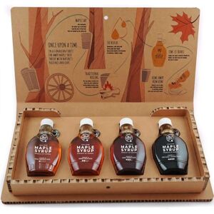 MapleFarm Sirop d'érable pur dans une boîte-cadeau. Pack dégustation 4 variantes : DORÉ AMBRE FONCÉ TRÈS FONCÉ. Coffret cadeau illustré. Publicité MapleFarm Sirop d'érable pur dans une boîte-cadeau. Pack dégustation 4 variantes : DORÉ AMBRE FONCÉ TRÈS FONCÉ. Coffret cadeau illustré. Publicité