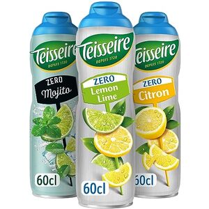Teisseire Lot de 3 sirops Zéro Sucres (Citron Vert, Mojito, Citron) pour Boisson Rafraîchissante, Cocktails, Bidon Recyclable 3x60cl - Publicité Teisseire Lot de 3 sirops Zéro Sucres (Citron Vert, Mojito, Citron) pour Boisson Rafraîchissante, Cocktails, Bidon Recyclable 3x60cl - Publicité