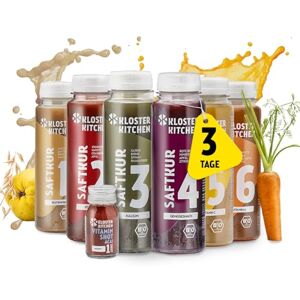 Kloster Kitchen Cure de jus bio 3 jours I 18x 250ml de jus + 3x 30ml de shot de gingembre I Cure de jeûne végétalienne 6 saveurs I 592 kcal par jour Riche en vitamines (4,50€ CONSIGNE) - Publicité Kloster Kitchen Cure de jus bio 3 jours I 18x 250ml de jus + 3x 30ml de shot de gingembre I Cure de jeûne végétalienne 6 saveurs I 592 kcal par jour Riche en vitamines (4,50€ CONSIGNE) - Publicité