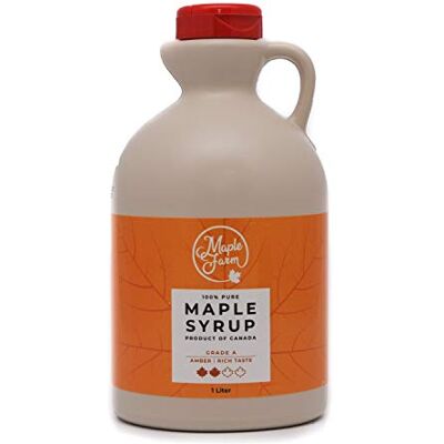 MapleFarm Sirop d'érable canadien pur Grade A, Ambré, goût riche Carafe 1 l (Lot de 1) Pure maple syrup Jus d'érable - Publicité MapleFarm Sirop d'érable canadien pur Grade A, Ambré, goût riche Carafe 1 l (Lot de 1) Pure maple syrup Jus d'érable - Publicité