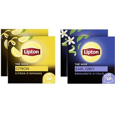 Lipton , Thé Noir, Pack de 4 Boites de thé, x2 Bergamote d'Italie + x2 Citron d'Espagne, 2x40 sachets, 80 Sachets - Publicité Lipton , Thé Noir, Pack de 4 Boites de thé, x2 Bergamote d'Italie + x2 Citron d'Espagne, 2x40 sachets, 80 Sachets - Publicité