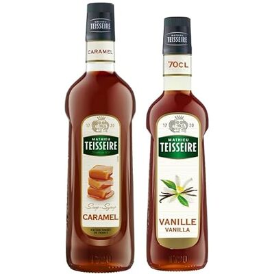Mathieu Teisseire Assortiment de Sirop de Caramel (1L) et de Sirop de Vanille (70cl) pour boissons chaudes et froides, cafés, chocolats 2 bouteilles. Publicité Mathieu Teisseire Assortiment de Sirop de Caramel (1L) et de Sirop de Vanille (70cl) pour boissons chaudes et froides, cafés, chocolats 2 bouteilles. Publicité