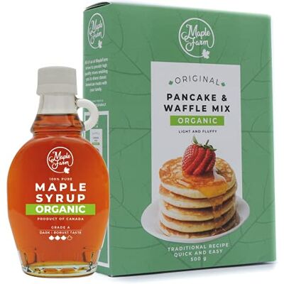 MapleFarm Sirop d'érable biologique canadien 189ml + Mix pour Pancakes & waffle biologique Maple syrup and pancake mix - Publicité MapleFarm Sirop d'érable biologique canadien 189ml + Mix pour Pancakes & waffle biologique Maple syrup and pancake mix - Publicité