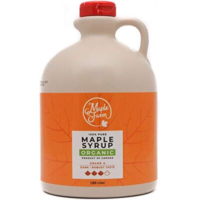 MapleFarm Pur Sirop d'érable BIO Catégorie A, Foncé goût robuste 1,89 litres (2,5 Kg) Organic maple syrup Grade A Dark, robust taste Sirop d'érable biologique Pancake sirop - Publicité MapleFarm Pur Sirop d'érable BIO Catégorie A, Foncé goût robuste 1,89 litres (2,5 Kg) Organic maple syrup Grade A Dark, robust taste Sirop d'érable biologique Pancake sirop - Publicité