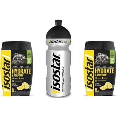 Isostar Hydrate & Perform Iso Drink 400 g de poudre de boisson isotonique poudre d'électrolyte pour soutenir la performance sportive 2 x citron + bouteille de 0,5 litre - Publicité Isostar Hydrate & Perform Iso Drink 400 g de poudre de boisson isotonique poudre d'électrolyte pour soutenir la performance sportive 2 x citron + bouteille de 0,5 litre - Publicité
