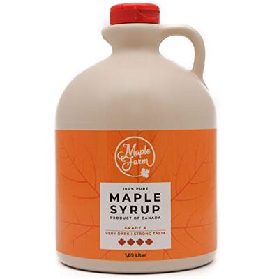 MapleFarm Pur Sirop d'érable Catégorie A, très foncé goût prononcé 1,89 litres (2,5 Kg) Original maple syrup Grade A Very dark, Strong taste Sirop d'érable pur Pancake sirop - Publicité MapleFarm Pur Sirop d'érable Catégorie A, très foncé goût prononcé 1,89 litres (2,5 Kg) Original maple syrup Grade A Very dark, Strong taste Sirop d'érable pur Pancake sirop - Publicité