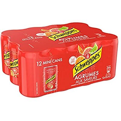 Schweppes Agrumes Mini Cans Boisson Gazeuse aux Saveurs d'Orange Pamplemousse Citron Vert et Mandarine, 12 x 150ml - Publicité Schweppes Agrumes Mini Cans Boisson Gazeuse aux Saveurs d'Orange Pamplemousse Citron Vert et Mandarine, 12 x 150ml - Publicité