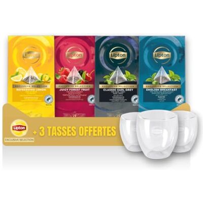 Lipton Exclusive Selection 4 Saveurs + 3 tasses OFFERTES Thé noir Earl Grey, English Breakfast, Citron, Fruits rouges - Publicité Lipton Exclusive Selection 4 Saveurs + 3 tasses OFFERTES Thé noir Earl Grey, English Breakfast, Citron, Fruits rouges - Publicité