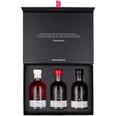 Escuminac sirop d'érable du Québec, Canada, trio découverte en boitier cadeau 3 x 200ml. Comprend 3 récoltes de clair à foncé. Pur, embouteillé au domaine. Certifié Biologique. Publicité Escuminac sirop d'érable du Québec, Canada, trio découverte en boitier cadeau 3 x 200ml. Comprend 3 récoltes de clair à foncé. Pur, embouteillé au domaine. Certifié Biologique. Publicité