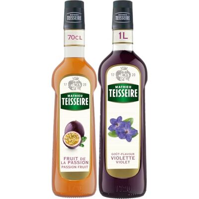 Mathieu Teisseire Assortiment de Sirop de Violette 1L et de Sirop de Fruit de la passion 70 cl pour boissons rafraichissantes, vin, bières et cocktails - Publicité Mathieu Teisseire Assortiment de Sirop de Violette 1L et de Sirop de Fruit de la passion 70 cl pour boissons rafraichissantes, vin, bières et cocktails - Publicité
