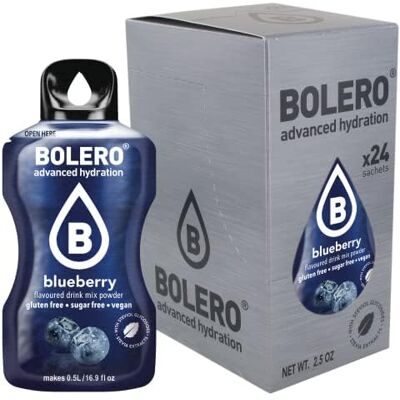 Bolero Boléro BLUEBERRY 24x3g Jus en poudre sans sucre, édulcoré à la stévia + vitamine C pour enfants et sportifs sans gluten, végétalien saveur myrtille - Publicité Bolero Boléro BLUEBERRY 24x3g Jus en poudre sans sucre, édulcoré à la stévia + vitamine C pour enfants et sportifs sans gluten, végétalien saveur myrtille - Publicité